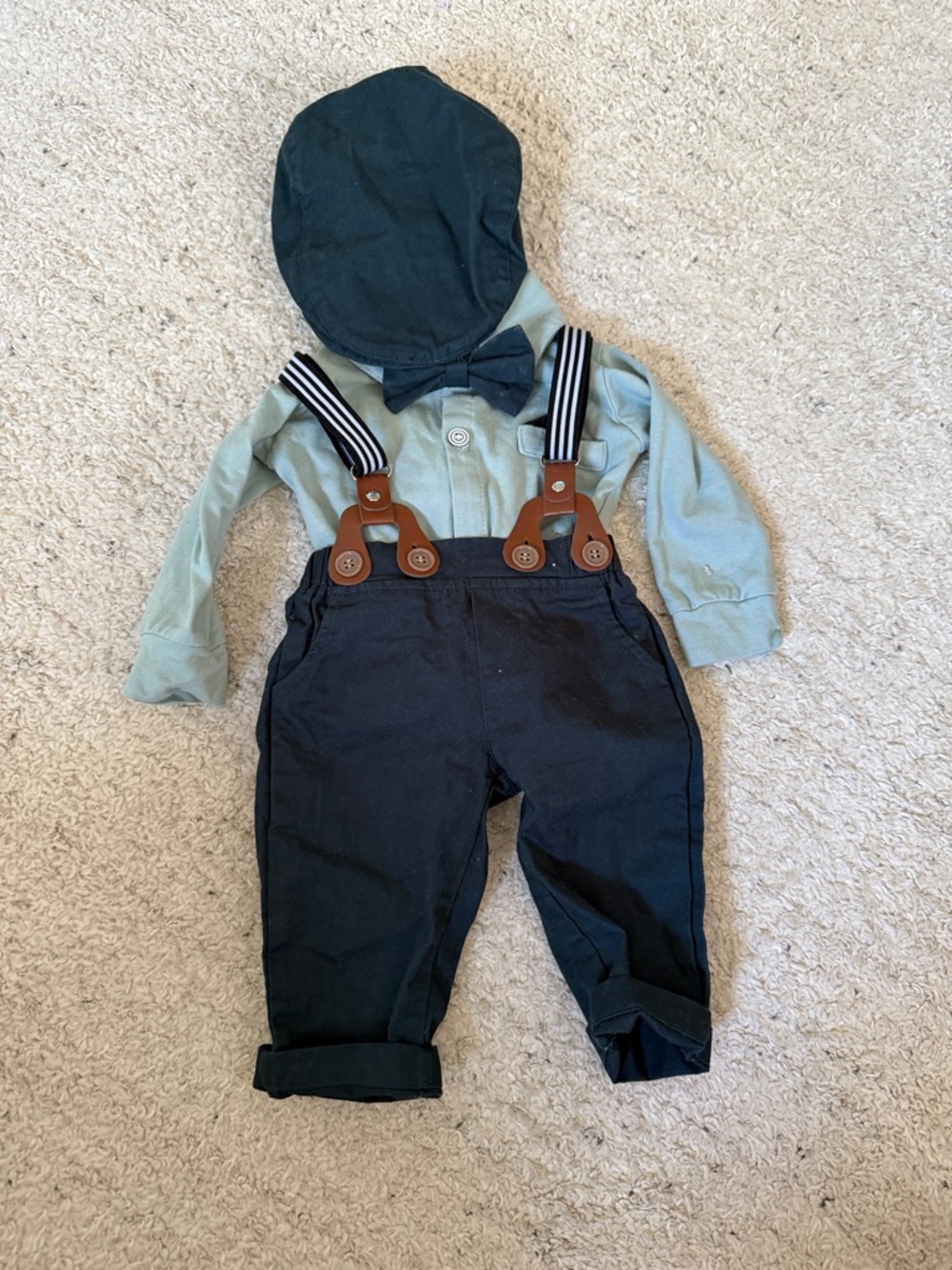 Baby Boy Suspender Outfit with Bow Tie - Mint & Dark Green